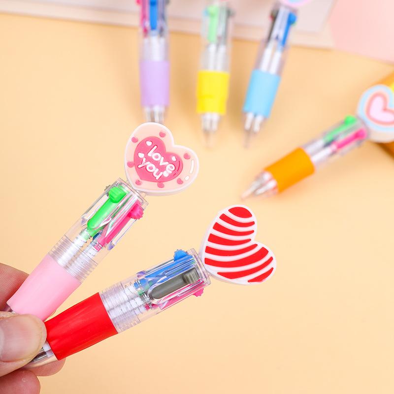 10Pcs Creative Gift Heart Shape Four-Color Ballpoint Pen Cartoon Love Pen Color Press Multicolor Back To School