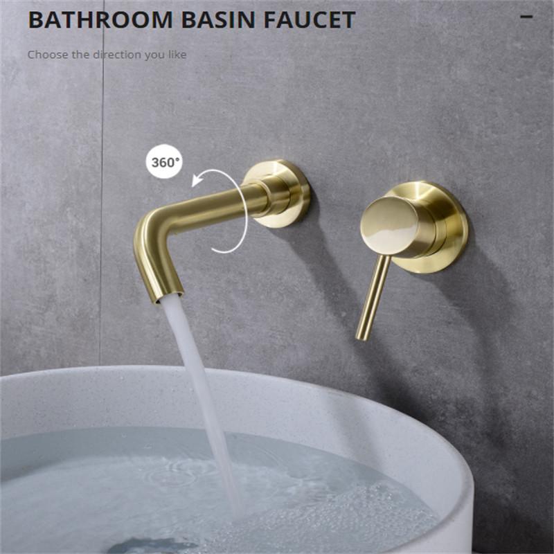 Wall Mounted Kitchen Faucet Bathroom Basin Sink Tap Solid Brass Gold Brushed Hot Cold Mixer Wash Basin Water Swivel Spout Faucet