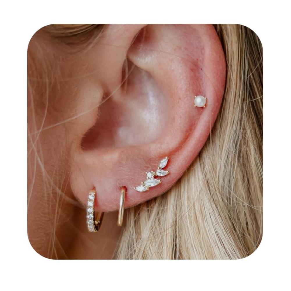4pcs Set Charm Stainless Steel Ear of Wheat Inlay Zircon Imitation Pearl Tassel Hoop Earrings Ear Bone Nail for Women Jewelry