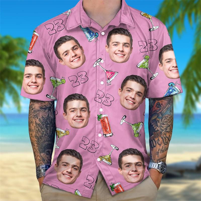 Men's Personalized 2026 Summer Hawaiian Shirt With Custom Birthday Photo, 3D Printed Tropical Plants Button Down Short Sleeve