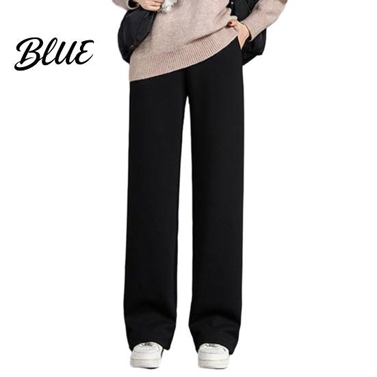 Thick Fleece Lining Straight Wide Pants Elastic Autumn Winter Trousers Women High Waist Leg Solid