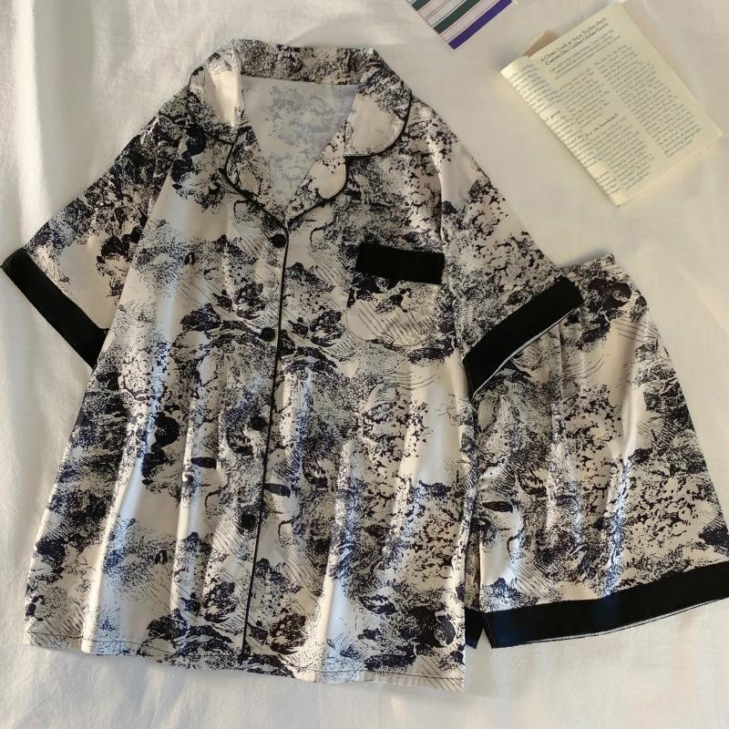 New Chinese Ink Painting Printing Short-Sleeved Shorts Women'S Summer Temperament Style Loungewear Can Be Worn Outside