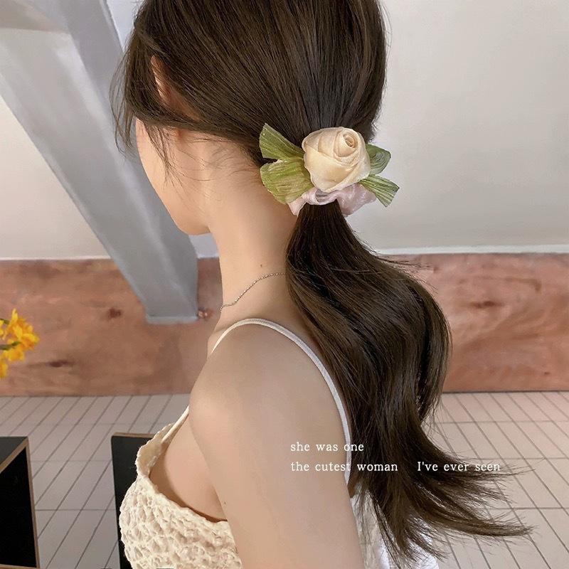 Rose Flower Organza Material Simple Sweet Lady Retro Hair Tie Large Intestine Circle Hair Accessory For Women