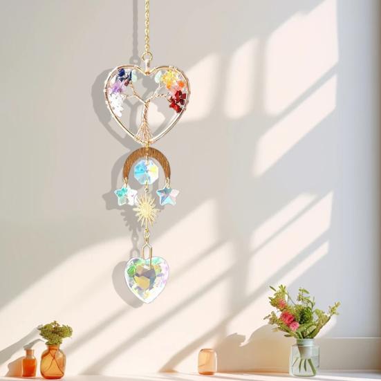 Tree of Life Faux Crystal Suncatcher, Colorful Prism Drop Pendant, Window Hanging Rainbow Maker Ornament for Indoor Outdoor Decor