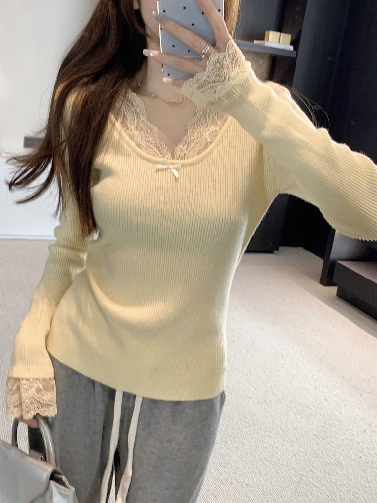 Sexy Spice Girl Neck Lace Splicing Knitted Bottom Shirt Women's Spring Slim Skinny Pit Sweater with Top
