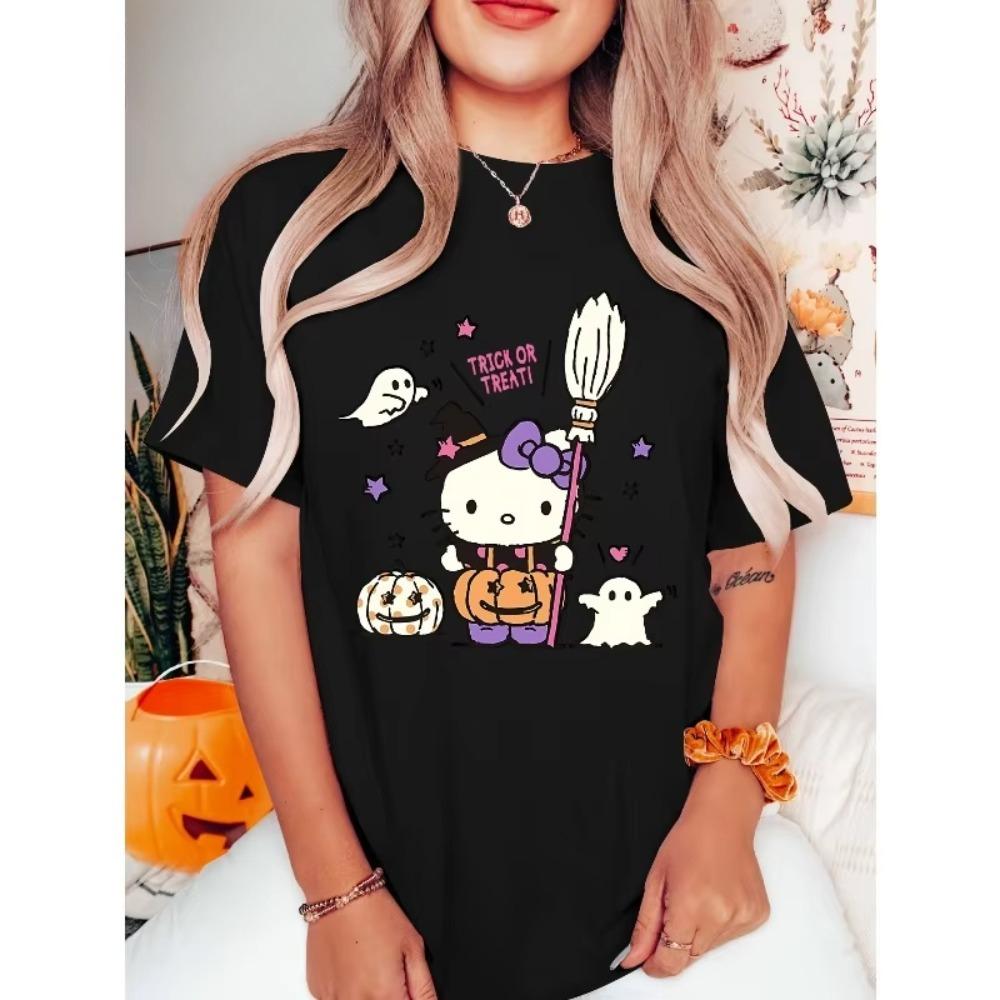 Hello Kitty HalloweenThemed TRICK Magic Print Round Neck OnePiece Summer ShortSleeve TShirt Vintage TShirt Cotton