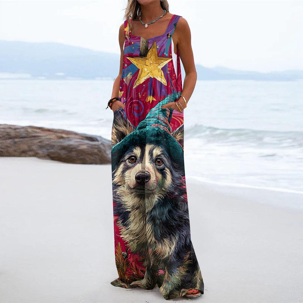 Women's Christmas Print Solid Wide Leg Strapless Tank Pocket Casual Onesie