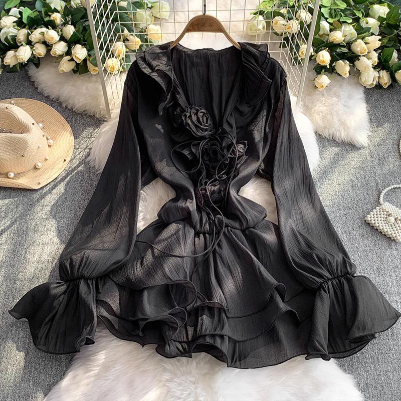 3D Floral Beach Short Dress Female Long Sleeves Lace Up Ruffle Chiffon Cake Sundress Sheer Sexy Vintage Bohemian Dress