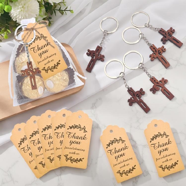 20PCS Natural Finish Wood Crucifix Keychains Gift for Baptism Communion Parties Including Friendly and Handmade