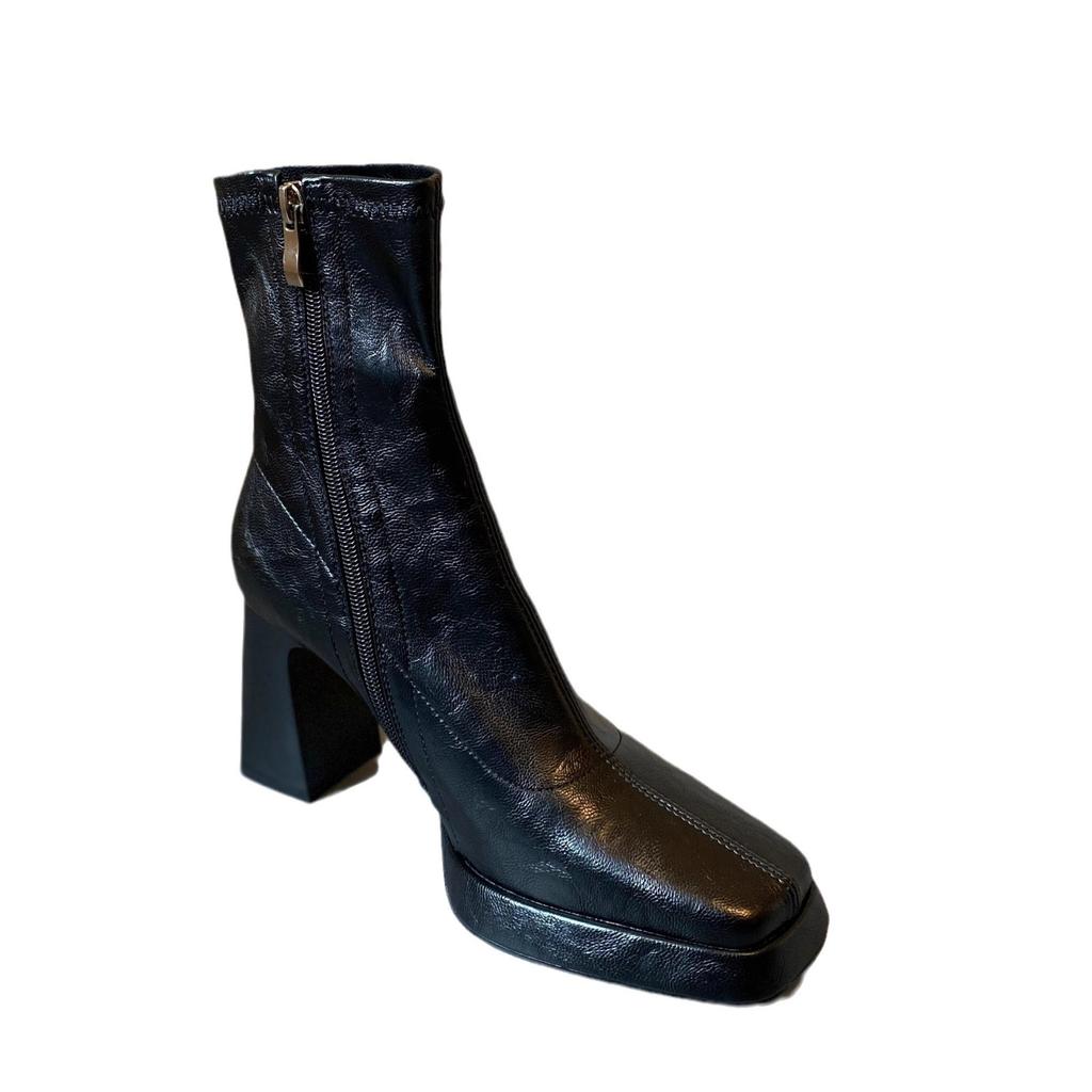 French leather niche high heel thin boots square head waterproof table short boots women's thin elastic boots small bare boots