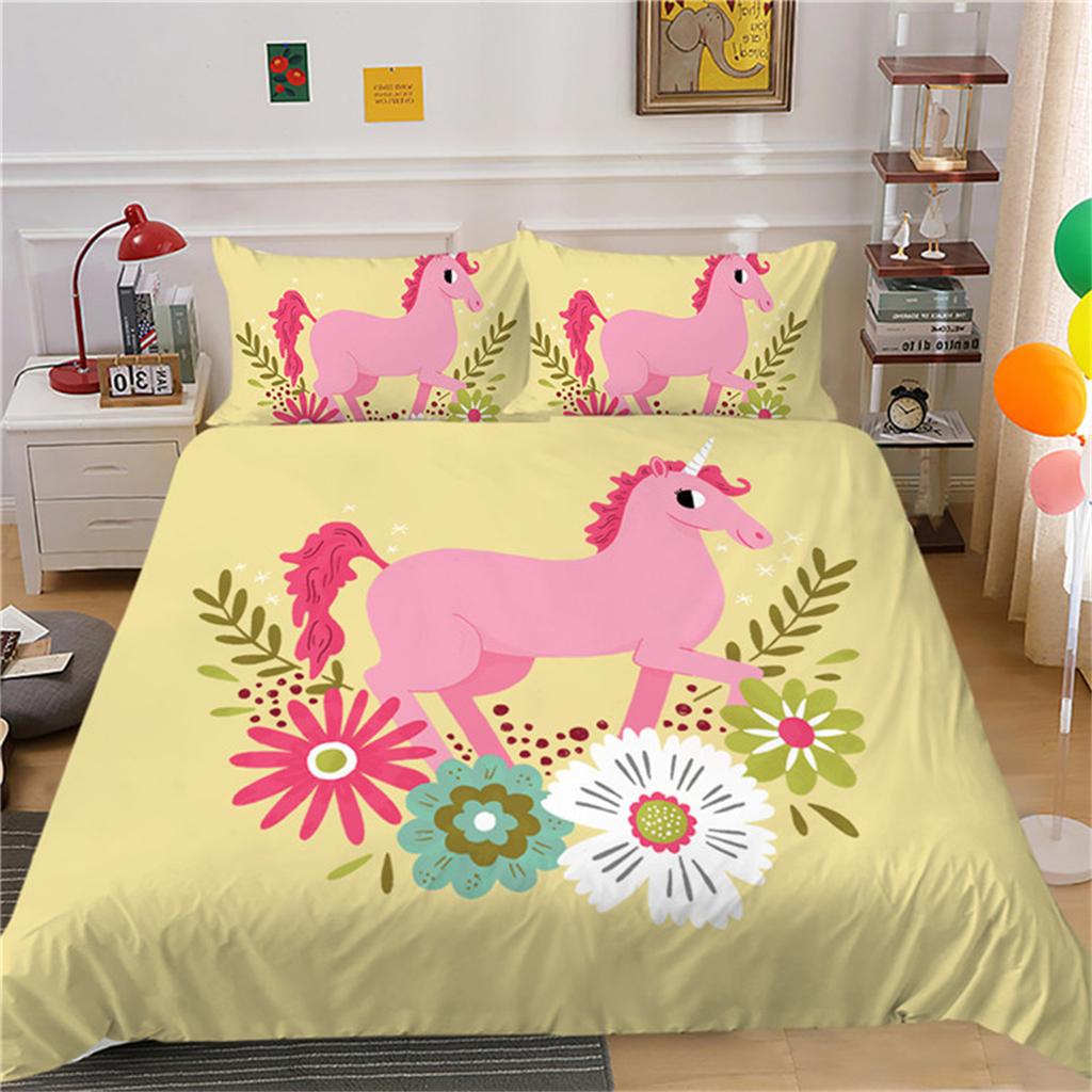 3D Unicorn Digital Printing Quilt Cover, Cartoon Horse Gir Microfibre Bedding Set With Pillowcases 50*75Cm For Kids Boys Girls