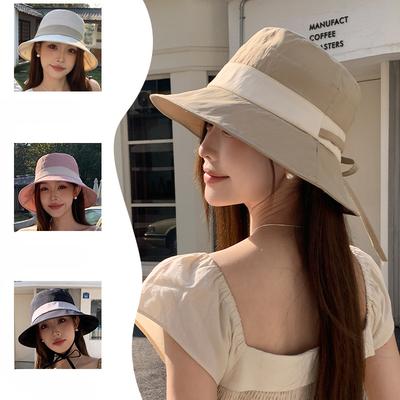 Outdoor Freizeit Sonnenhut Fischerhut Schlichte Farbblockierung Kordel Sonnenschutzhut Mädchen Reisen, um ihr Gesicht zu zeigen Kleiner Hut Frühling