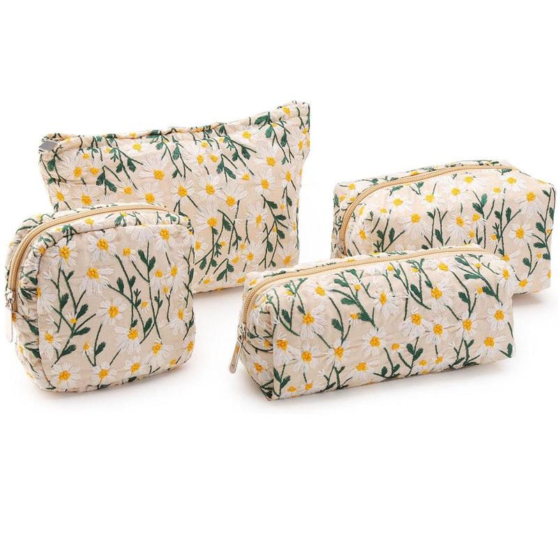 

Набор из 4 женских косметичек, сумок для туалетных принадлежностей, цветы, вышитые ромашки 4PCS Beige