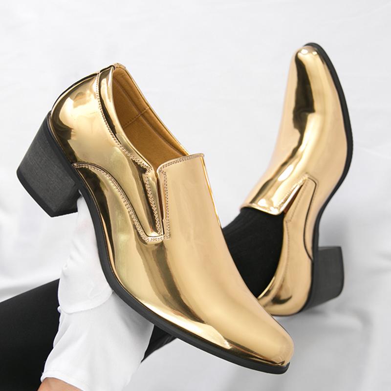 Fashion New British Fashion Men's Gold Pointed Thick-soled Height Increasing Shoes Male Moccasins Wedding Prom Homecoming Footwear