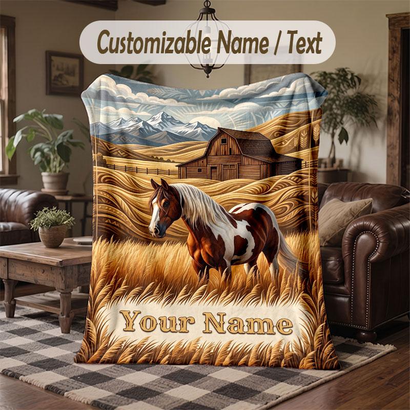 Horse Theme Throw Blanket Custom Name Text Personalized Blanket Soft Cozy Blanket for Home Sofa Bed