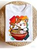 ' Kawaii Ramen Cat Anime T-Shirt, Crew Neck Short Sleeve Breathable Fabric All-Season Casual Top with Playful Cat Eating