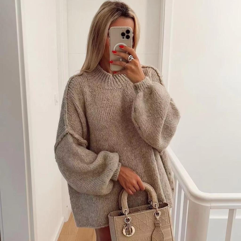 Women Fashion Round Neck Knitted Jumper 2024 New Autumn Winter Long Lantern Sleeve Sweater Female Hight Street Warm Lady Chic Pullover Sweater