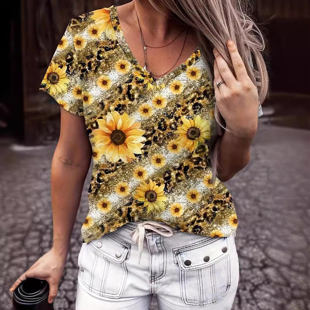 Summer V-neck 3D Flower Pattern Printed Top Fashionable Casual Short Sleeved Women's T-shirts