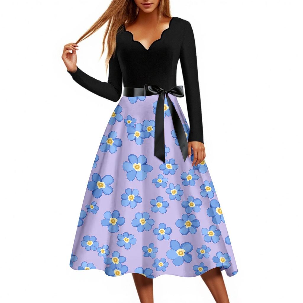 Women's Casual Fashion Floral Print Wave V Neck Vintage Dress