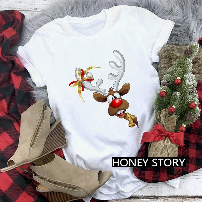 Casual Cute Cartoon Christmas Santa Graphic Female T-Shirt 90S Funny Summer Tees Loose White Blouse Short Sleeve O-Neck Crop Top