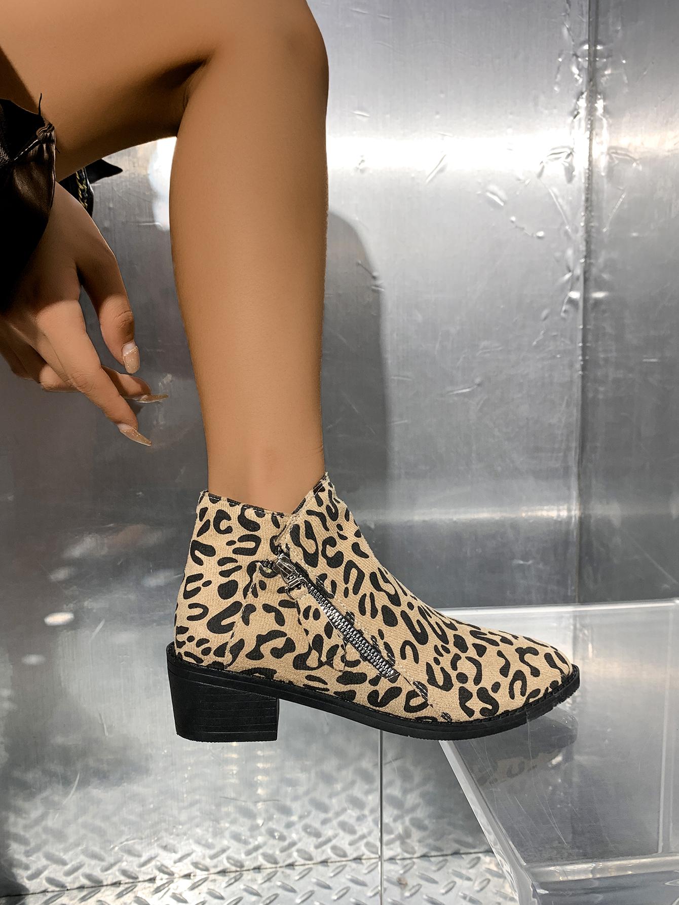 Модные женские современные ботинки с заостренным носком женские туфли на молнии с низким каблуком и леопардовым принтом женские туфли для зимнего отдыха модные короткие ботинки 36 4929₽