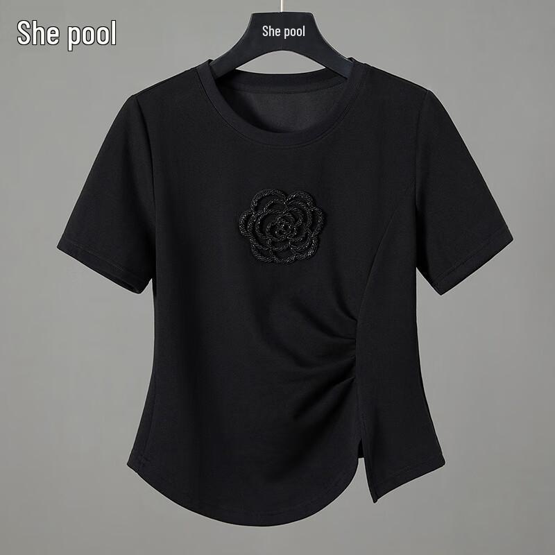 Women s Pleated Irregular Round Neck Short Sleeve T-Shirt M