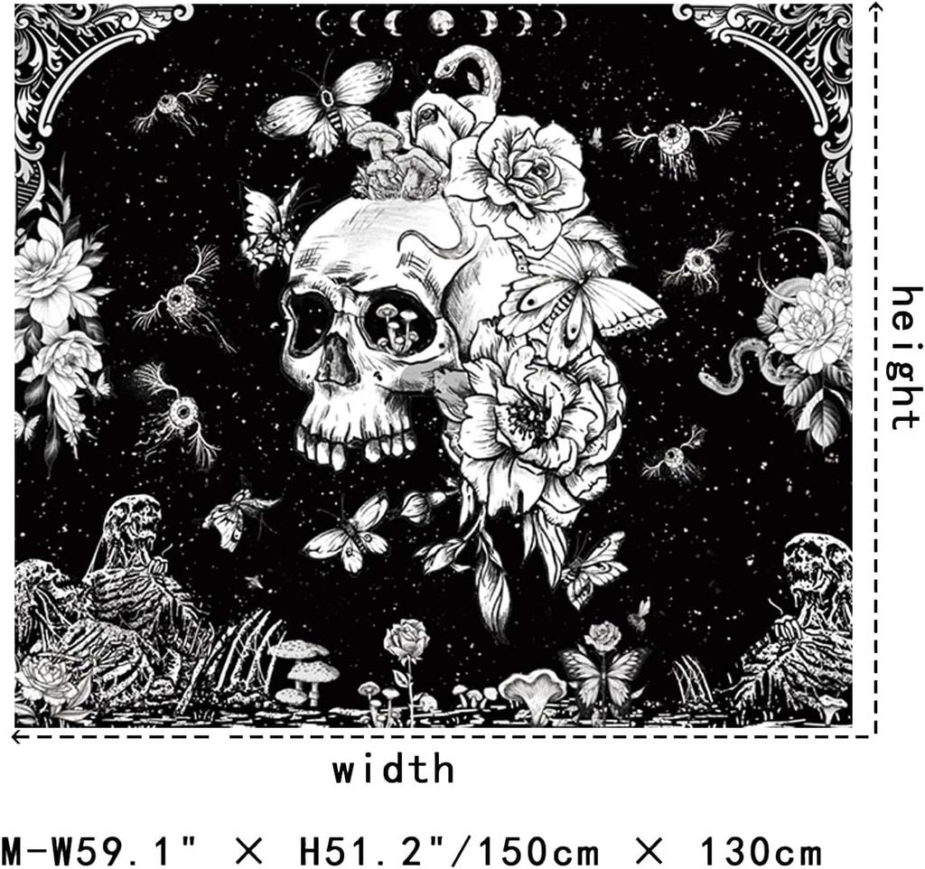 Black and White Gothic Tapestry for Bedroom Aesthetic,Skeleton Goth Witchy Tapestries Wall Hanging, Skull Floral Poster Backdrop