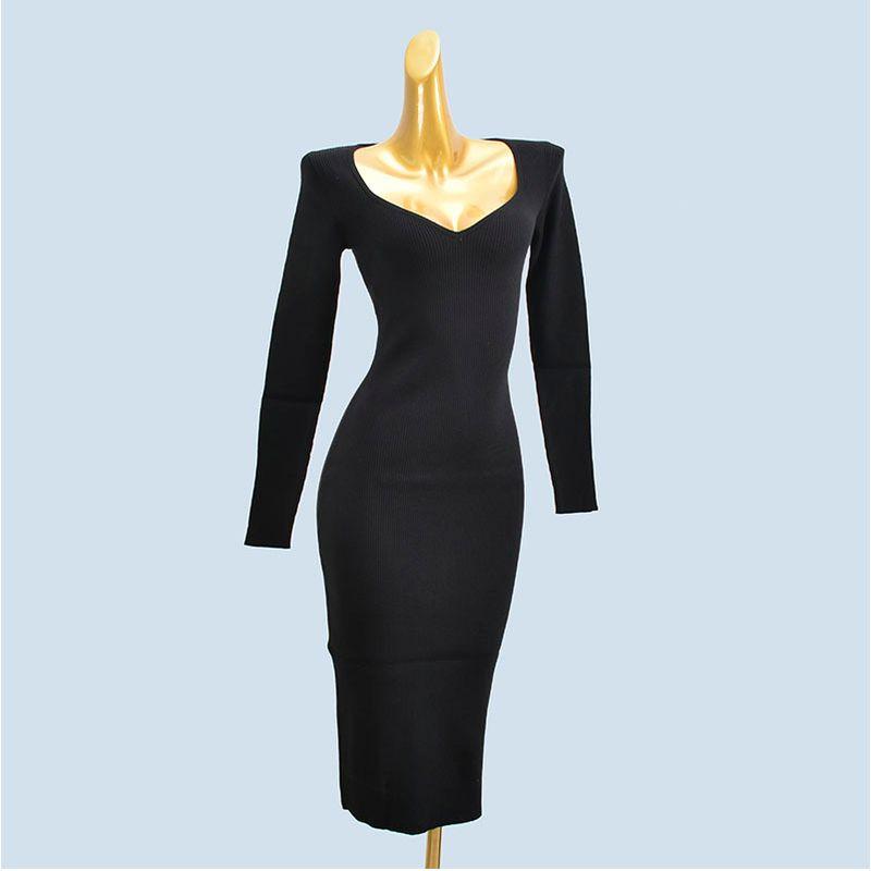 

Export Edge Single Dress Fashion Style Square Collar Long Sleeves Side Silm Slim Looking Sheath Long Sleeves Knitting Dress Black M