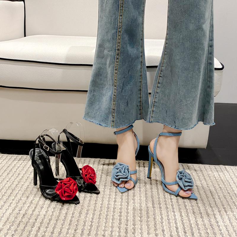 Fashion 2025 High Heeled Sandals For Women Heels Pointed Silk Rhine-diamond Flowers Heels