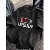 Vintage Washed Low Battery Print T-Shirt Funny Beer Lover Humor Oversized Streetwear Tee Casual Short Sleeve