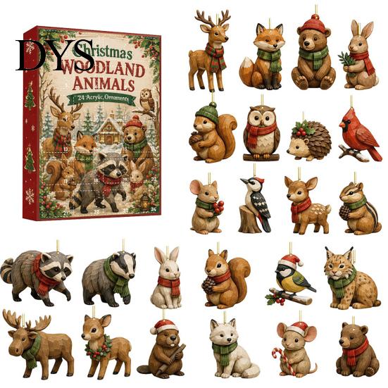 Reusable Holiday Decoration 24 Days Christmas Advent Calendar 2026, 2D Acrylic Reading Cats/Dogs/Forest Animals Surprise Unboxing Gift Ornament