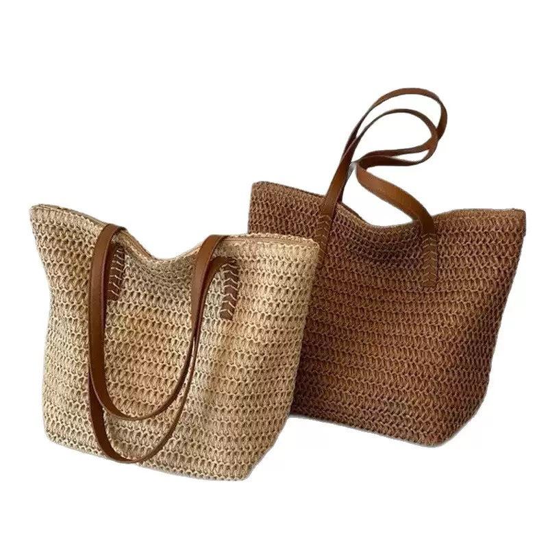 1Pcs Bohemian Summer Fashion Straw Beach Tote Bag Hand-Woven Women'S Shoulder Handbag Travel Shopper Weaving Shopping Bags