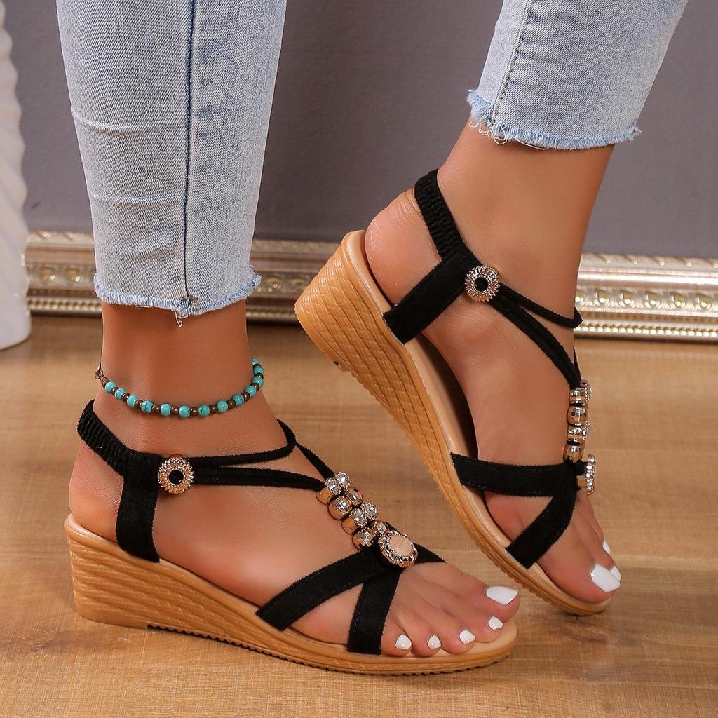 2024 Summer Women's Bohemian Beaded Wedge Sandals - Korean Style Round & Open Toe