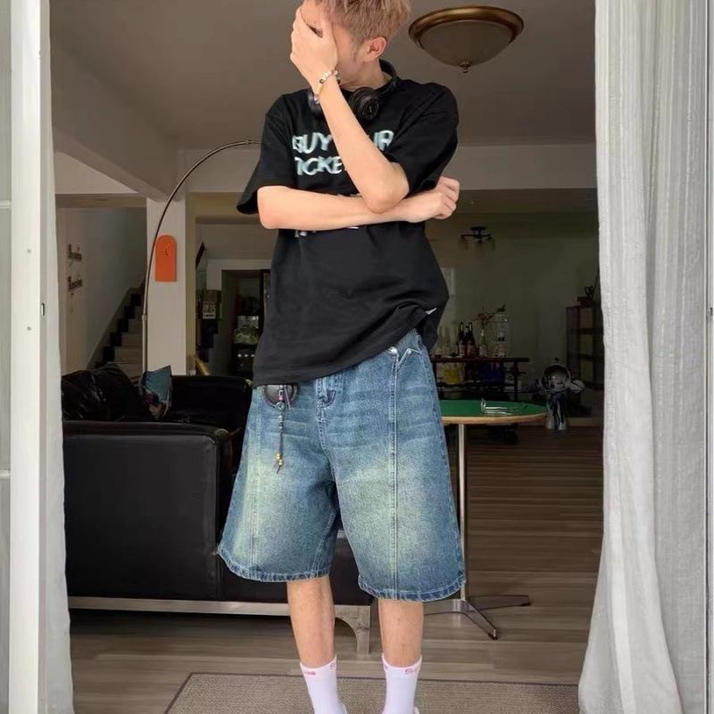 Retro Washed Old Denim Shorts Men's High Street Trendy Brand Design Loose Straight-leg Pants