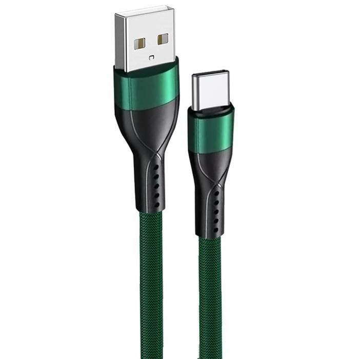 Câble USB-C 3A Nylon Charge Rapide pour Xiaomi Redmi 14C 13C, Redmi Note 13 14 4G-5G, Note 13 Pro Plus 5G - 1M Vert