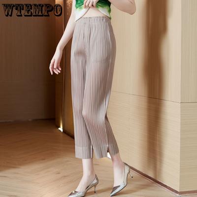 Pantalones plisados de verano para mujer, cintura elástica, pierna recta, holgados, adelgazantes, informales, de pierna recta, recortados