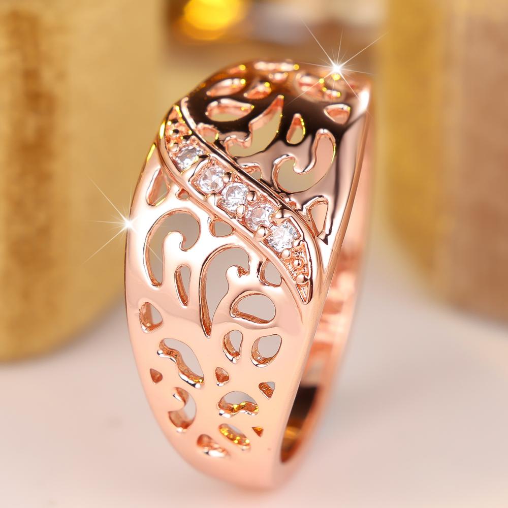 Rose Gold Color Hollow Out Leaf Pattern Zircon Ring for Women Fashion Jewelry Gift Party Wedding