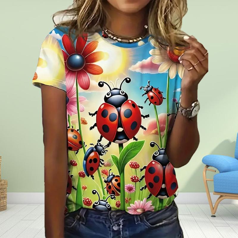 Fashion Women Coccinella SeptempunctataPrint T Shirt Funny Casual O-neck Short Sleeves T-shirt Summer Female Tee Shirt