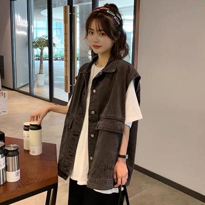 Women Vest Coat Plus Size Solid Color Single-breasted Sleeveless Cardigan Turn-down Collar Chest Pockets Buttons Denim Jacket