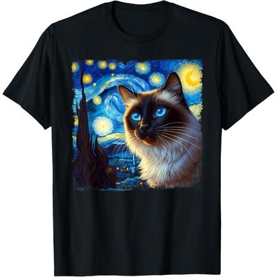 Funny Cute Siamese Cat Starry Night Van Gogh Painting T-Shirt