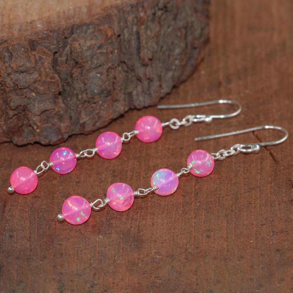 Natural Pink Opal Gemstone Dangle Earring, Multifire Opal Round Beads Earrings, Fire Opal Smooth Beads Earring for Her, Handmade Earrings
