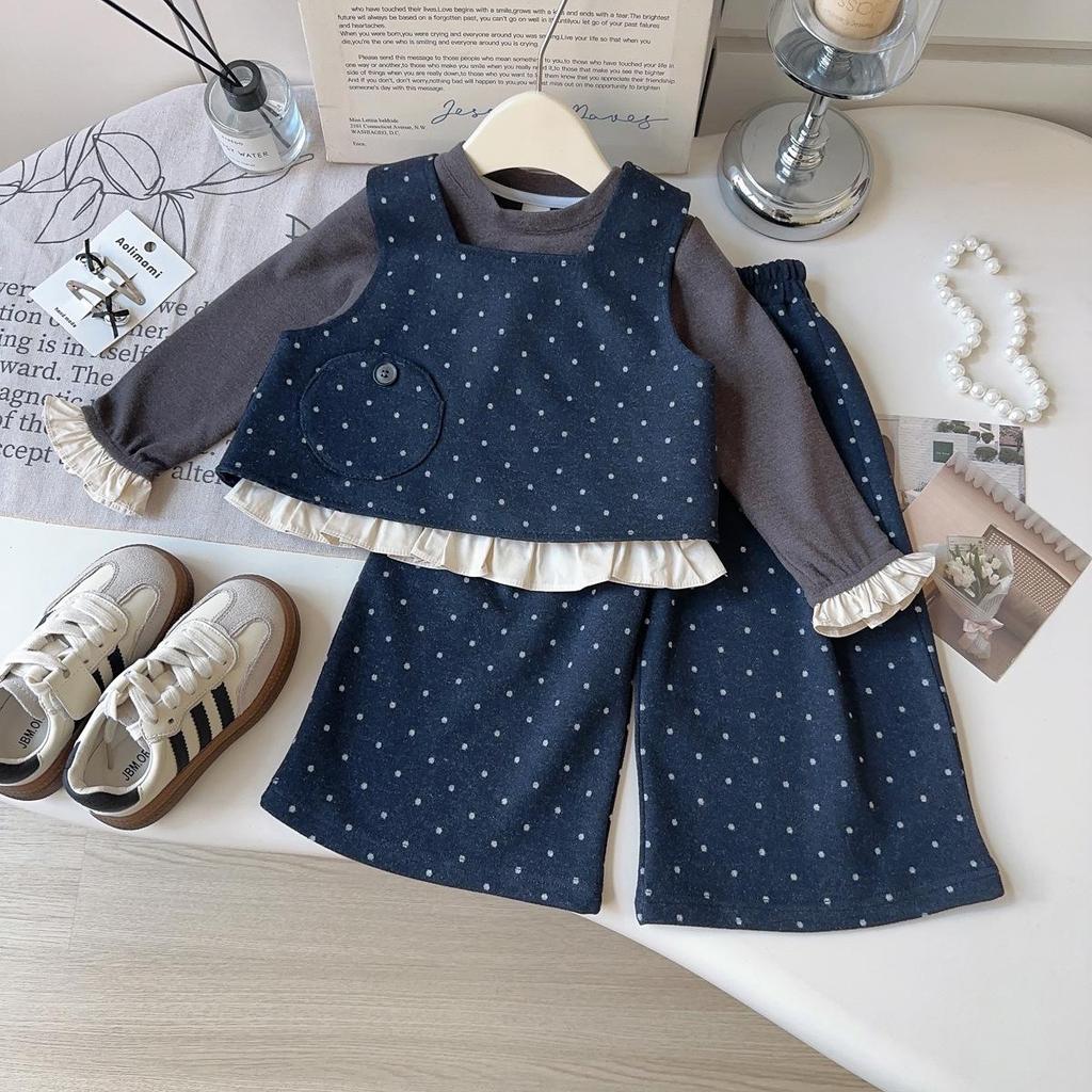Dziewczęcy zestaw kamizelki i spodni w kropki - Modny dwuczęściowy zestaw na jesień i wiosnę (AQB086)
