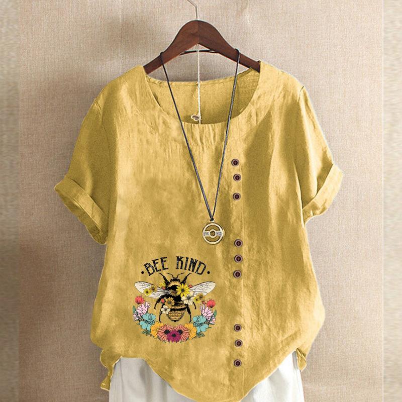 Women's Fashion Bee Flowers Prined Short Sleeve T-shirt Loose Cotton Shirt Casual Loose Summer Blouse Tops Plus Size