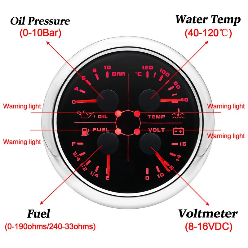 Red LED Pointer 85mm Gauge 0~10Bar Oil Pressure+Water Temp+Fuel Level Gauge+Voltmeter 0-190ohm Fuel Sensor Car Boat DC12V Custom