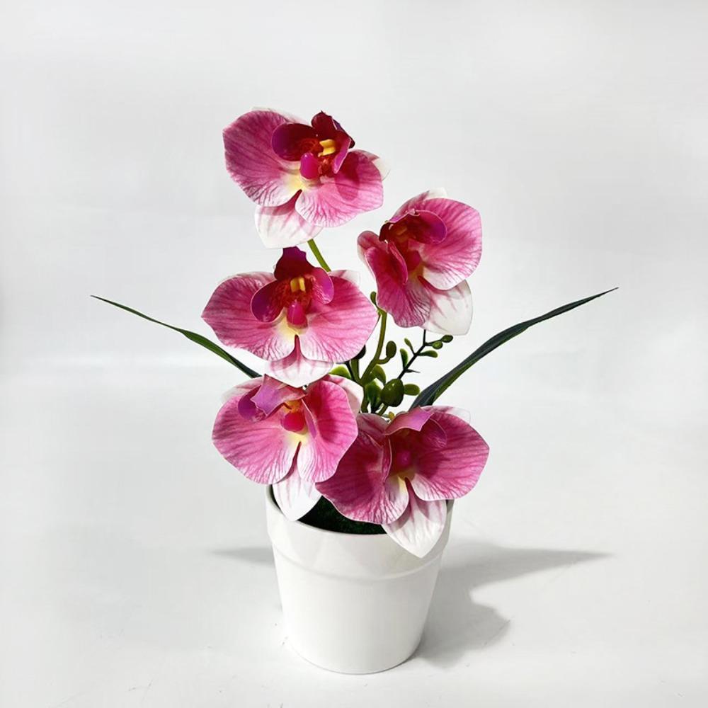5 Blooms Artificial Orchid Arrangement Realistic Potted Flower Display Table Centerpiece