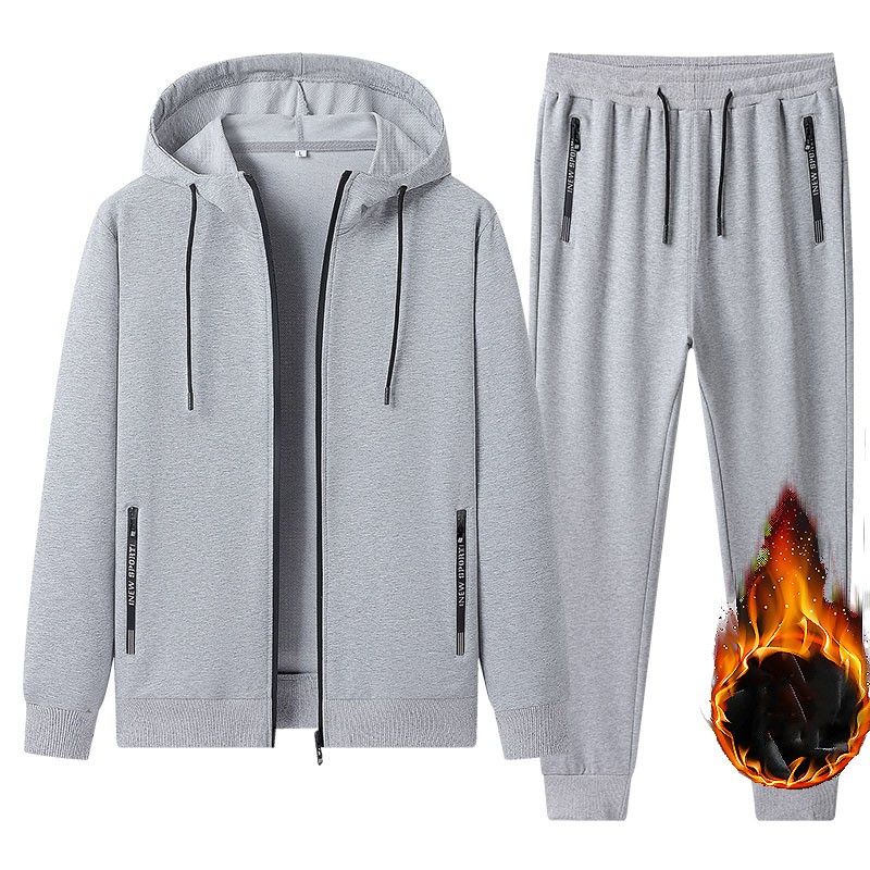 Men's Winter Plush Leisure Sports Set Solid Color Warm Coat+Pants Simple Plus Size Two Piece Set