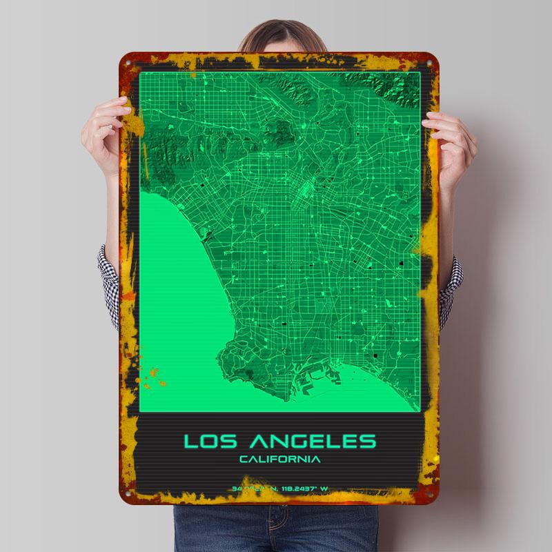 

Los Angeles City Map Printed Poster Customized Wall Art Retro Vintage Metal Tin Signs for Living Room Decorations Wand Deko Home 7.9x11.8In(20x30cm)