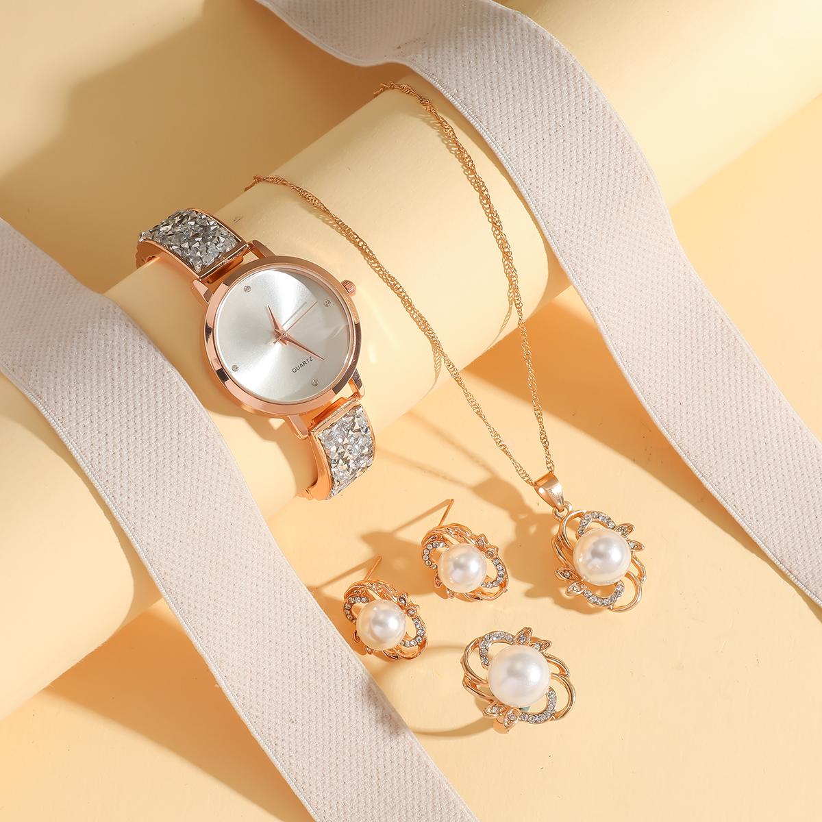 

Simple and stylish diamond-encrusted women s quartz watch pearl jewelry 5-piece set, suitable for Christmas and Halloween gifts