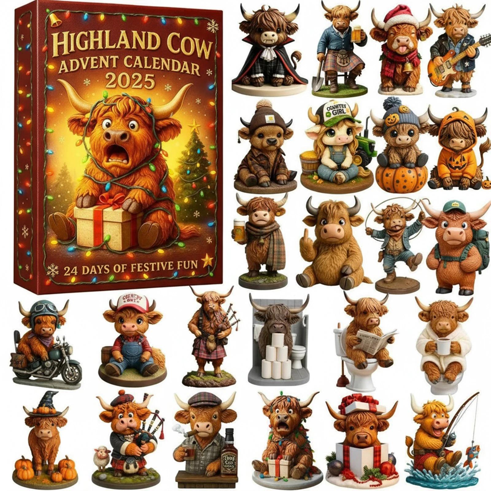 Highland Cow Advent Calendar 2025 with 24 3D Cow Ornaments 24 Days Christmas Countdown Calendar Xmas Surprise Gifts 11.02x8.66x1.38inch
