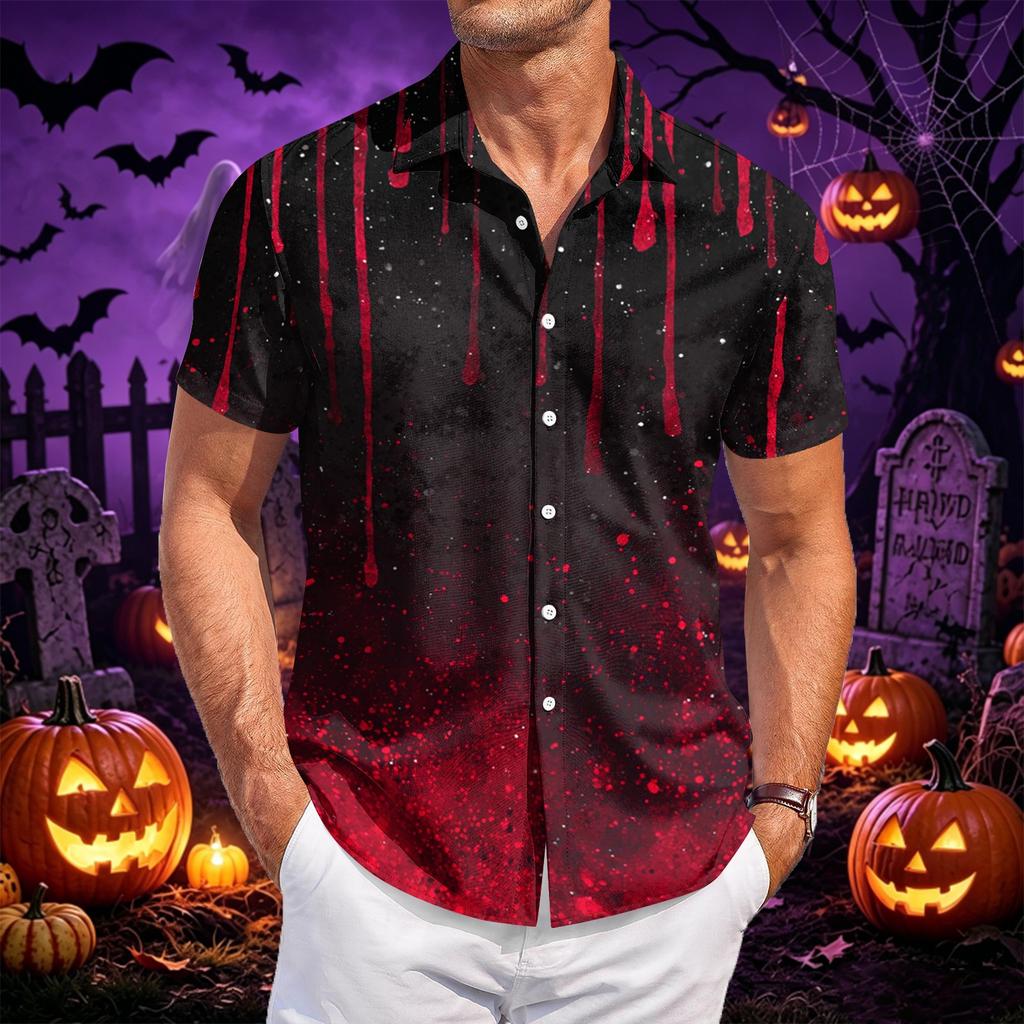 Men Fashion Casual Halloween Printed Short Sleeve Shirt Button Down Collared Top Flame Pumpkin Pattern Relaxed Fit Lightweight Material